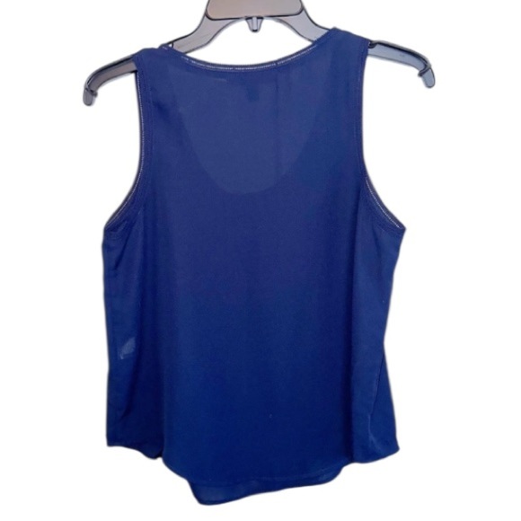 Banana Republic Sleeveless Blouse Navy Blue XS Petite Picot Trim Officecore - Picture 3 of 11